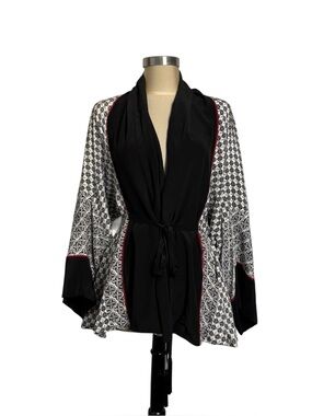 Talitha Silk Kimono Jacket Black White Red Piping Tassel Belt Boho S